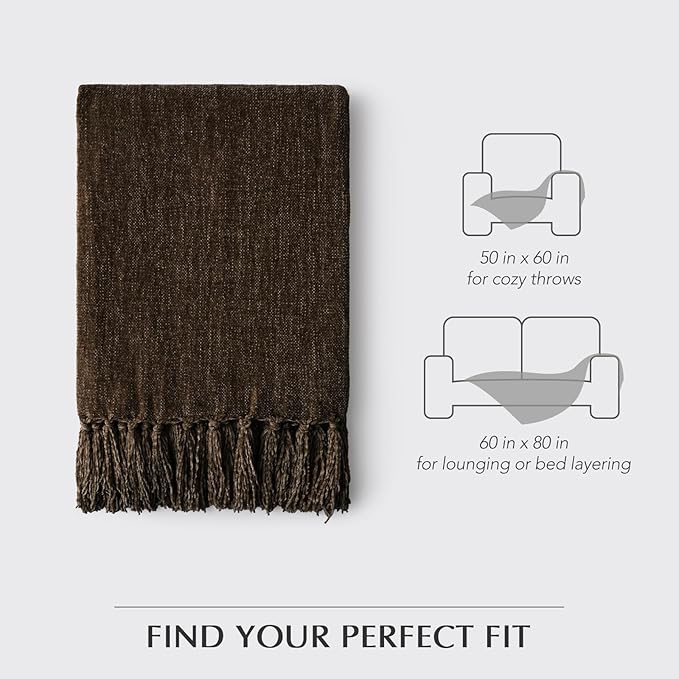EVERGRACE Soft Chenille Throw Blanket for Couch, Cozy Plush Fuzzy Decorative Chenille Knit Throw Blanket with Tassels, Lightweight Blanket and Throws for Bed Sofa Gift Home Decor, Dark Brown 60"x80"
