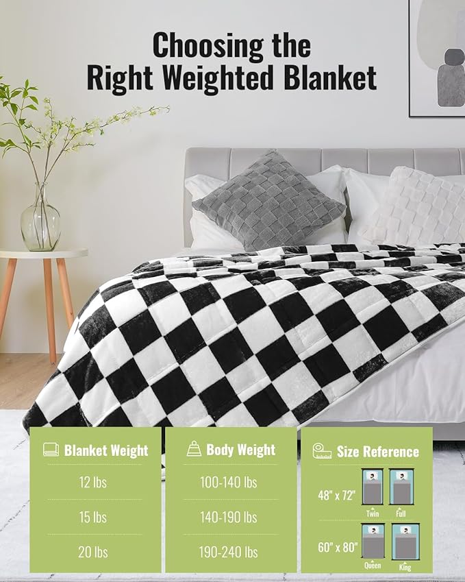 Uttermara Weighted Blanket Full Size(12lbs, 48" x 72", Plaid Black), Double Side Premium Soft Flannel Fleece Weighted Throw Blanket, Reversible Checkerboard Print Heavy Blanket for Adults Couch Bed