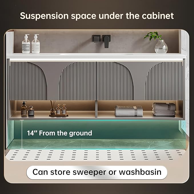 Double Bathroom Vanity with Sink, 96IN Floating Bathroom Vanity Set with LED Smart Defogging Mirror Cabinet and Open Shelf, Oak Wood Bathroom Cabinet with Two Drawers and Bottom Open Storage (Grey)