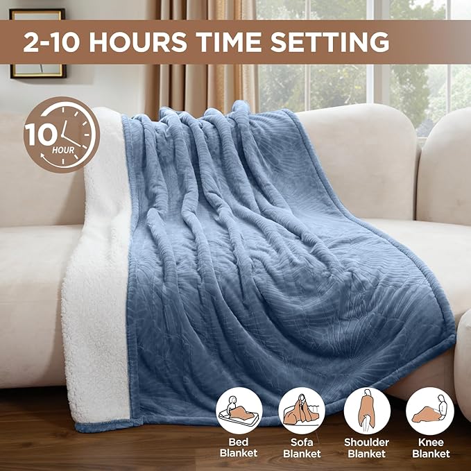 Westinghouse Heated Throw Blanket, Flower Jacquard Electric Blanket Throw with 6 Heating Levels and 2-10 Hours Auto-Off, Flannel to Sherpa Super Cozy Heated Blanket, Machine Washable (50" x 60" Blue)