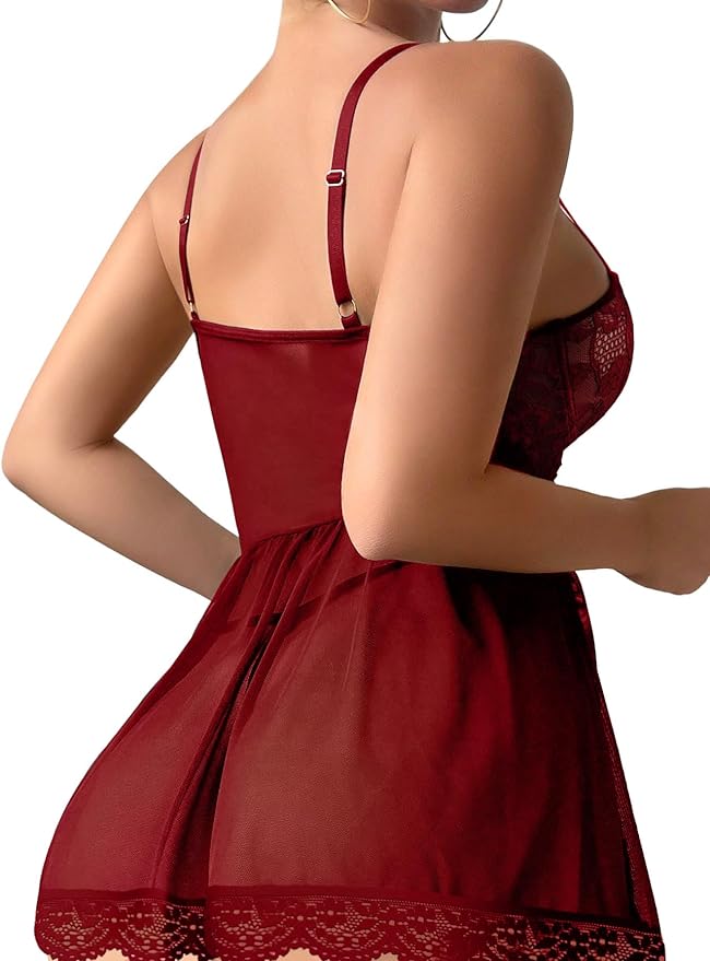 Lilosy Sexy Garter Belt Mesh Lace Babydoll Lingerie Dress Set with Thong