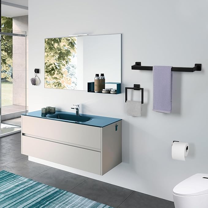 Cilee 15-Pieces Bathroom Hardware Set - Matte Black Bathroom Accessories, 24 Inch Towel Bar, Square Towel Ring, Toilet Paper Holder, Towel Hook, Wall-Mounted Stainless Steel Towel Bar Rack Set