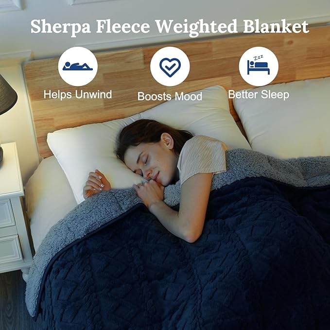 Sherpa Fleece Adult Weighted Blanket Great for Sleep, 20 lbs Dual Sided Soft Fuzzy Heavy Blankets for Couch Bed Sofa, Cozy Warm Fluffy Jacquard Throw for Winter (Navy Blue, 60" x 80", 20 Pounds)