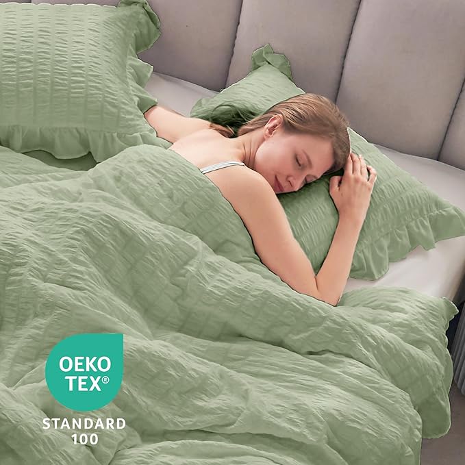 JOLLYVOGUE Sage Green Queen Comforter Set, 3 Pieces Seersucker Comforters Queen Size, Lightweight & Fluffy Bedding Sets Queen for All Season with 1 Ruffle Comforter and 2 Ruffle Pillowshams