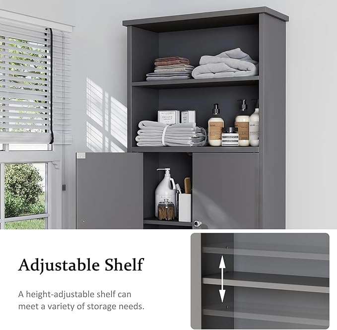 Meilocar Over The Toilet Storage Cabinet for Bathroom, 75in Over Toilet Cabinet Freestanding Storage Organizer, Space Saver with Doors and Adjustable Shelf, Grey