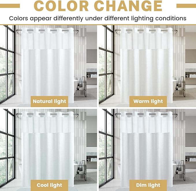 No Hook Shower Curtain with Snap in Liner, Polyester Textured Shower Curtain with Liner Set, Waterproof Washable Hotel Style Shower Curtains for Bathroom, 71Wx77H, White