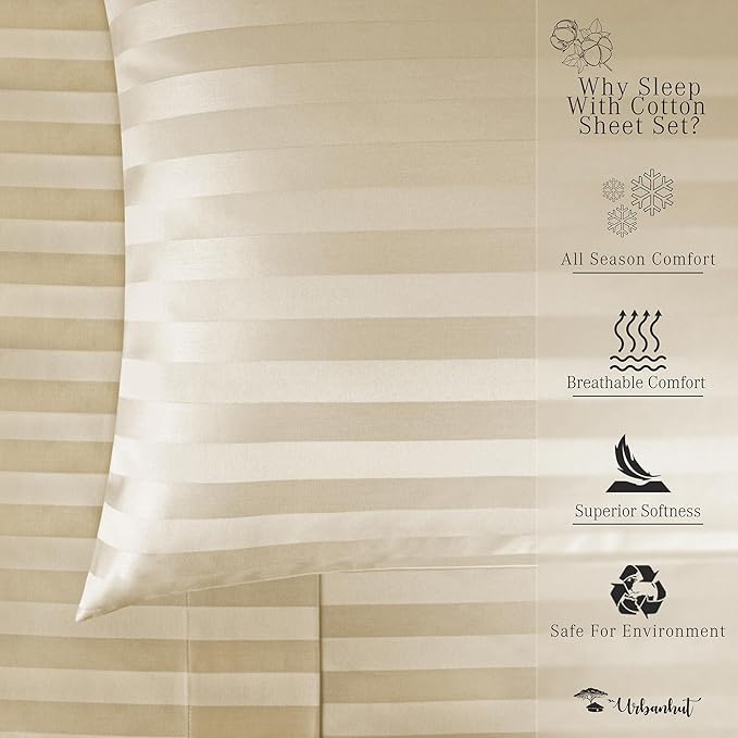 URBANHUT 1000 Thread Count Damask Striped Queen Size Egyptian Cotton Sheets, Long Staple Soft & Breathable, 4 Pc Bed Sheet Sets, Luxury Hotel Sateen Sheets Fits 16" Deep Pocket - Sand