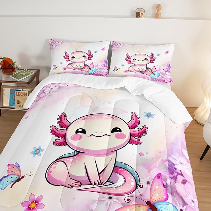 Cartoon Axolotl Comforter Kids Bedding Set,Axolotl Flower Butterfly Bedding King Size for Boys Girls Room Kawaii Decor,Pink Toddler Comforter Sets with 2 Pillowcases.