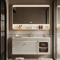 Floating Bathroom Vanity with Sink, Modern Bathroom Vanity with LED Smart Defogging Mirror Cabinet and Open Shelf, Bathroom Sink Cabinet with Striped Glass Door and Drawer Storage (Milk White,28IN)