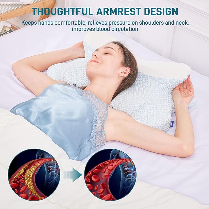 Cervical Neck Pillow for Sleeping, Dual Height Memory Foam Pillow for Neck Pain Relief, Ergonomic Contour Pillow for Side, Back & Stomach Sleepers – Cooling Washable Cover (Blue White)