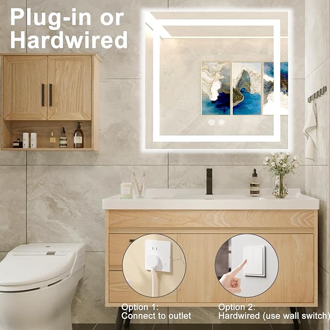28 X 28 Inch Square LED Bathroom Vanity Mirror, 3 Colors Light Dimmable, Wall Mounted Memory Lighted Makeup Mirror with Anti-Fog Touch Switch (Front-lit&Backlit)