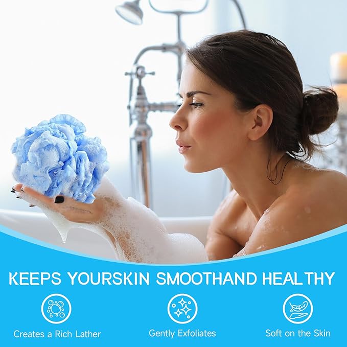 Loofah Sponge Shower Loofahs Bath Sponges Mesh Balls for Women Men Bathing Accessories Body Wash Back Scrubber 50g Soft Pouf Body Scrubber Loofahs Puff Pack, Exfoliate, Cleanse, Soothe Skin (6 Colors)
