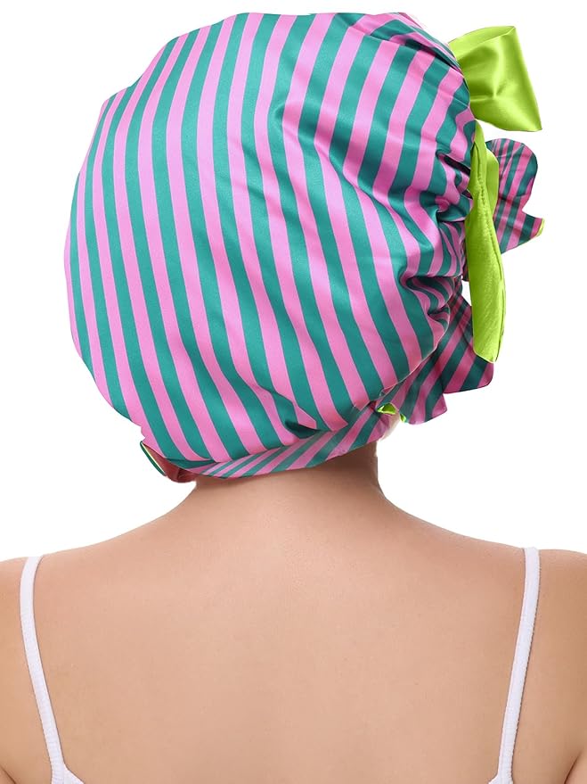 Silk Hair Bonnet for Sleeping, Satin Shower Cap for Women 2025 with Tie Band and Adjustable Straps Head Wrap for Curly Hair Pink-Red-Green F