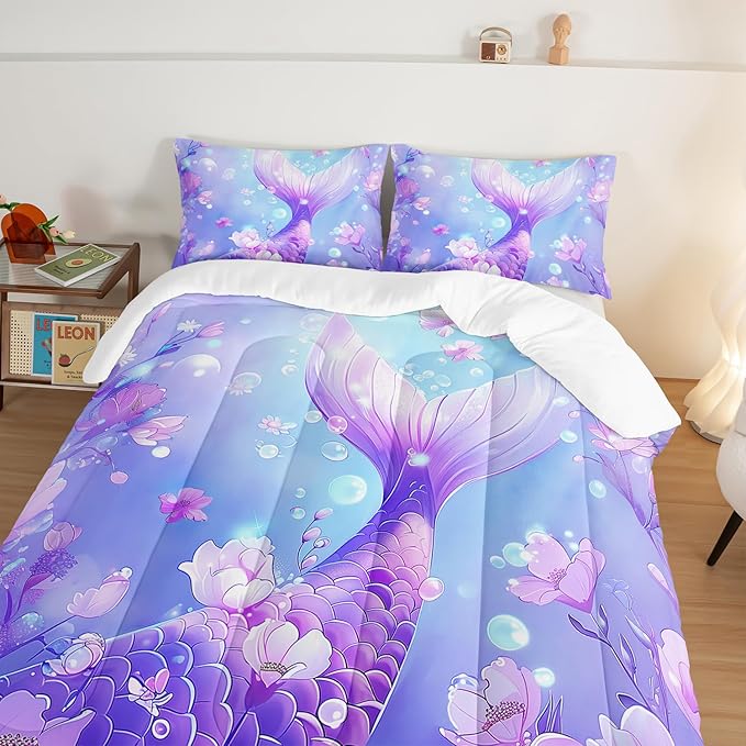 Pretty Mermaid Comforter Twin for Girls Kids, Mermaid Fish Scale Floral Pattern Bedding for Girls Bedroom Decor, Ocean Themed Comforter Bedding Sets with 2 Pillowcases