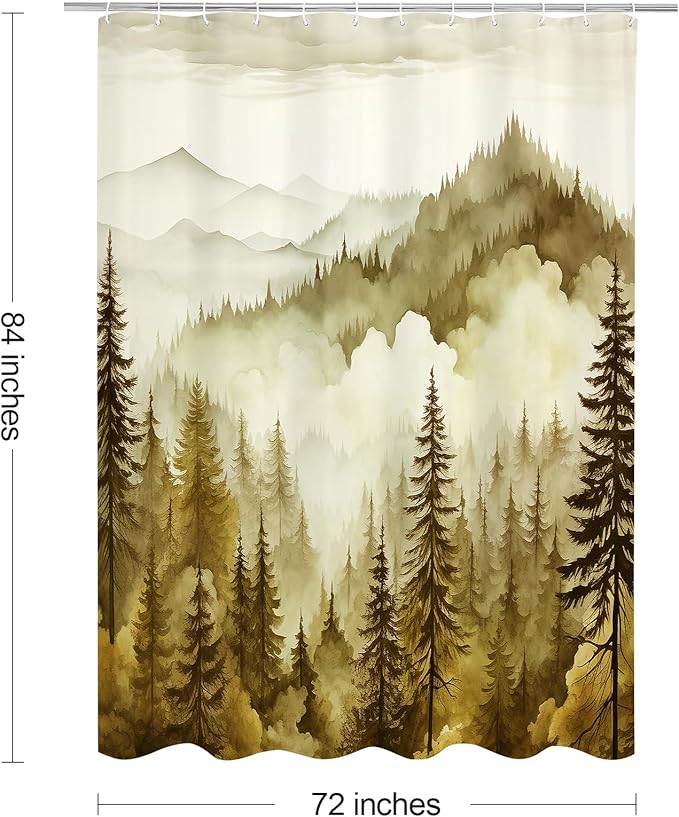 Yellow Extra Long Misty Pine Forest Shower Curtain 72 x 84, XL Mountain Foggy Woodland Scenery Tree Shower Curtains for Bathroom, Abstract Waterproof Nature-Themed Decor