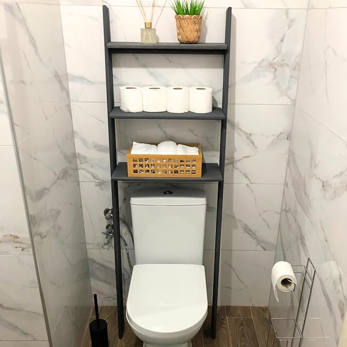 Over The Toilet Bathroom Organizer Shelves, 3-Tier Freestanding Above Toilet Storage Ladder Shelf, Standing Space Saver Behind Toilet Small Bathroom Organizer (Grey)