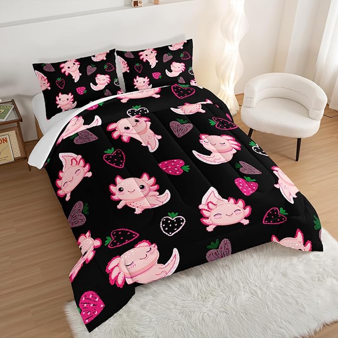 Cute Axolotl Bedding Set Queen Size,Pink Axolotl Strawberry Printed Comforter Sets Aesthetic Bedding for Kids Girls,Beach Coastal Animal Themed Comforter Sets with 2 Pillowcases.