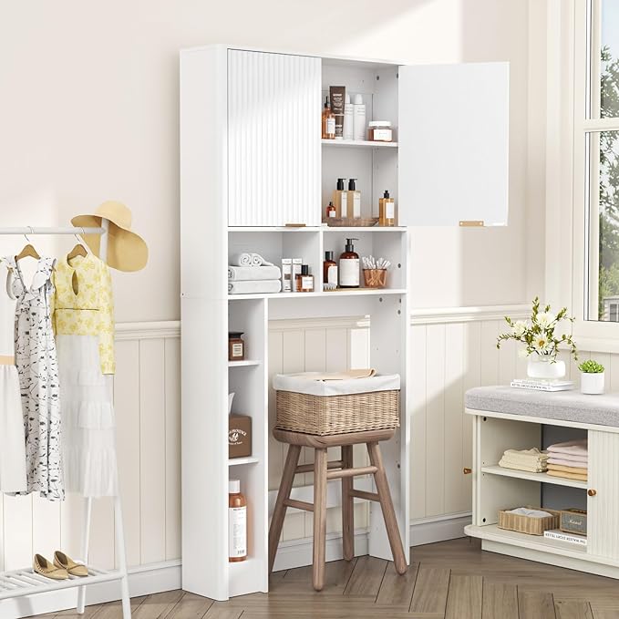 31" W Over The Toilet Storage Cabinet with Fluted Door, White Bathroom Organizer with Adjustable Shelf, Toilet Paper Holder Stand Wave Door for Restroom, Laundry Room