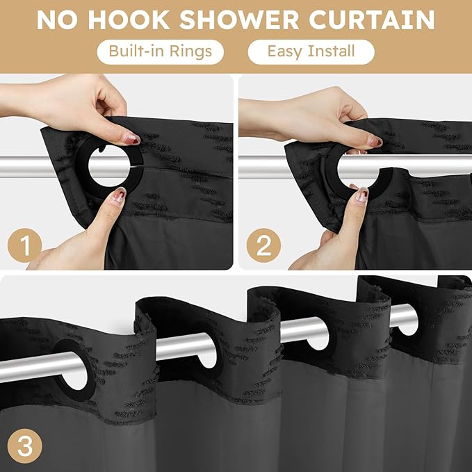 No Hook Shower Curtain and Snap in Liner Set Black Tufted Chevron Striped Cloth Waterproof Washable Fabric Boho Farmhouse Bath Curtain See Through Mesh Top Window for Bathroom Hotel 71" x 86"