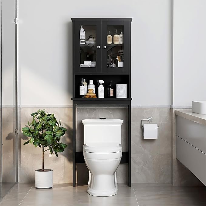 Meilocar Over The Toilet Storage Cabinet, Bathroom Storage Organizer Over Toilet with Glass Doors, Over Toilet Cabinet for Bathroom Freestanding Space Saver, Black