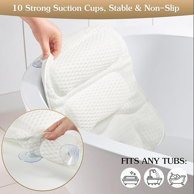 Luxury Bath Pillow for Tub, Dual Headrest & Back Support, 4D Air Mesh Quick-Dry Cushion, 10 Strong Suction Cups, Extra-Large Spa Bathtub Pillow Gift for Women(White)