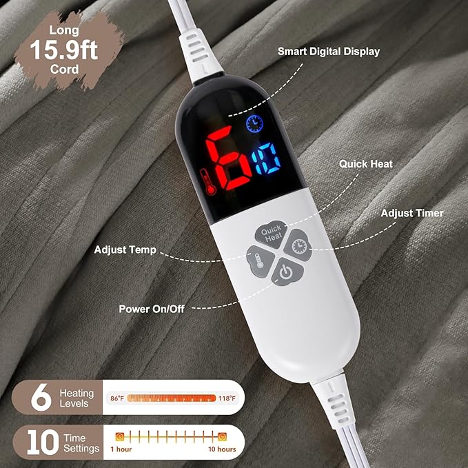 Heated Blanket Full Size - 72" x 84" Electric Blanket Full with Fast Heating, 10 Timer Settings, 6 Heat Settings, Washable Flannel Sherpa Heating Blanket, Overheat Protection, Grey