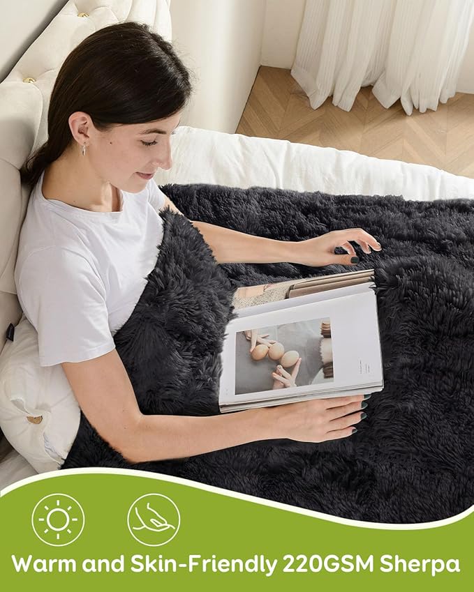 Uttermara Weighted Blanket Queen Size 20 lbs for Adults, Long Shaggy Elegant Faux Fur and Fluffy Cozy Sherpa Reverse Bed Blanket, Thick Plush Throw for Sofa Bed, 60 x 80 inches, Black
