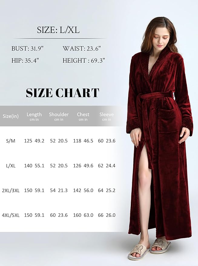 Artfasion Womens Long Fleece Robe - Warm Soft Floor Length Flannel Bathrobes for Winter Thicker Long House Coat with Pockets