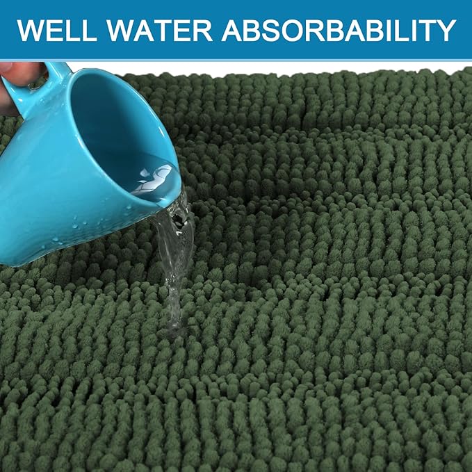 H.VERSAILTEX Bathroom Rugs Bath Mats Sets Super Absorbent Chenille Striped Bath Mats Non Skid Machine Wash Dry Rugs for Bathroom Floor Set of 2(Bronze Green, 47 x 17 Plus 17 x 24 - Inches)