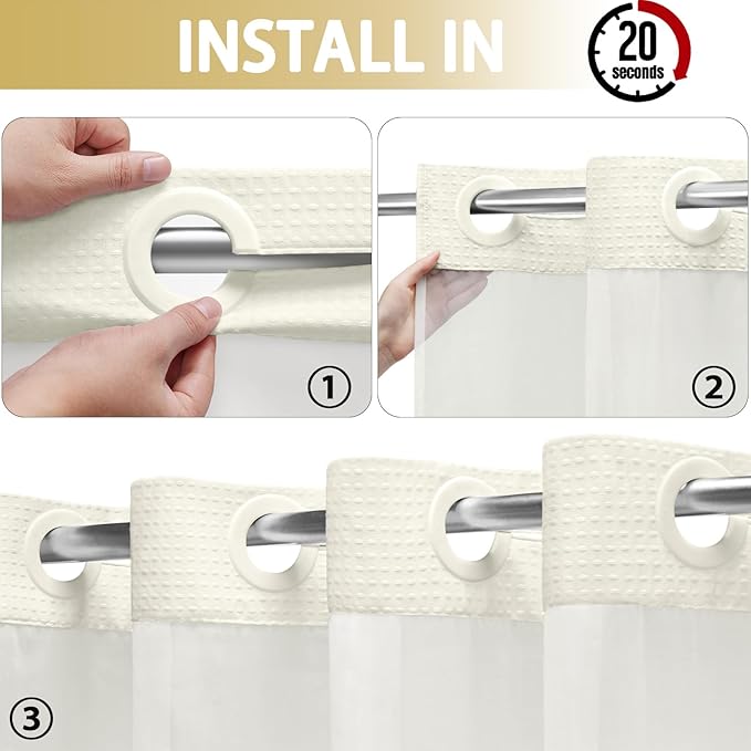 YellyHommy No Hook Shower Curtain with Snap in Liner Set Less Waffle Shower Curtain for Bathroom (Cream, 87" L x 72" W)