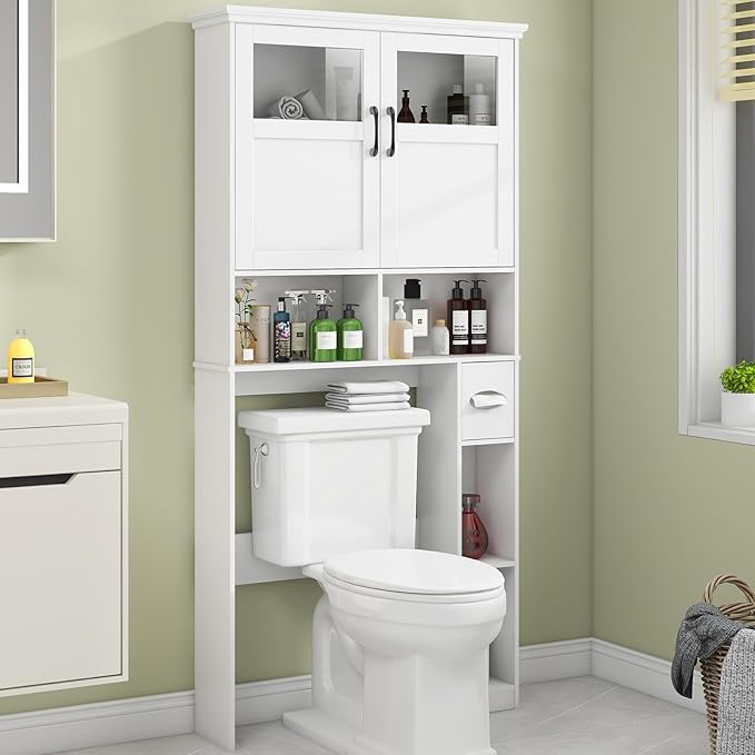 Vabches Freestanding Toilet Storage Cabinet with Double Doors, Shelf Space Saver, Anti-Tip Design & Adjustable Shelf, White