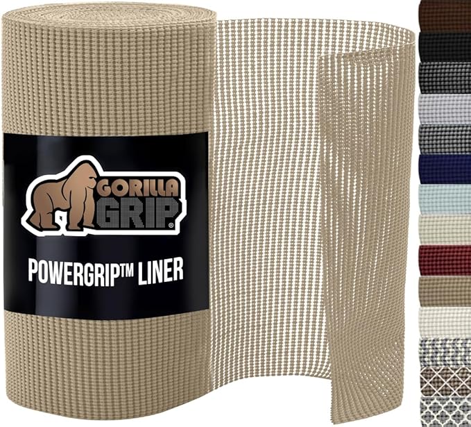 GORILLA GRIP powerGRIP Drawer Shelf and Cabinet Liner, Thick Strong Hold, Non-Adhesive Liners Protect Kitchen Cabinets and Cupboard, Bathroom Drawers, Easy Install, Breathable Mat, 20" x10', Beige