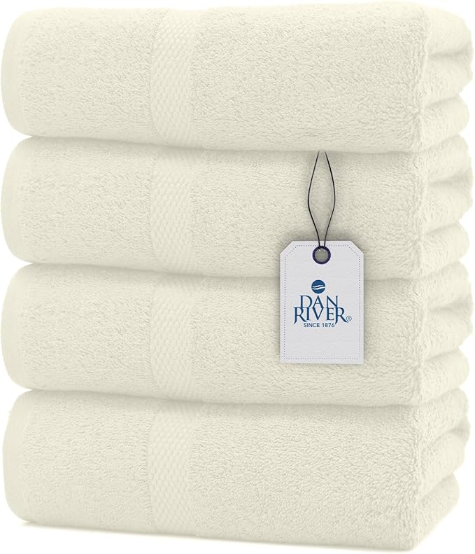 DAN RIVER Bath Towels Set of 4, 27 x 54 Inches, 100% Cotton, Larger & Lighter Weight, Quicker to Dry, Super Soft and Absorbent, Ideal Quick Dry Bath Towels for Daily Use, Ivory
