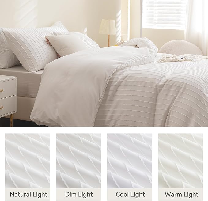 JELLYMONI Duvet Cover Queen Size White - 3PCS Boho Striped Duvet Cover Set Polyester Tufted Bohemian Textured Comforter Cover 90×90in with Corner Ties & Zipper and 2 Pillowcases