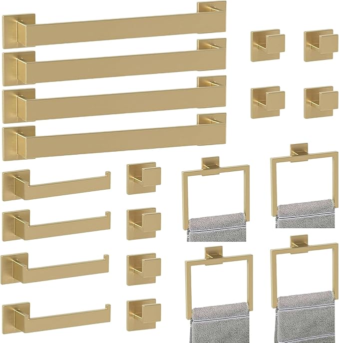 Bathroom Accessory Towel Bar Set: 20 Pieces Gold Bathroom Hardware Square SUS304 Stainless Steel - Wall Mounted Towel Rack&Toilet Paper Holder&Towel Ring and Towel Hook
