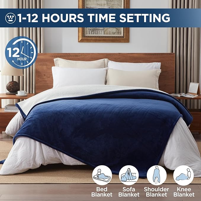 Westinghouse Electric Blanket Twin, Heated Blanket Twin Size with 10 Heating Levels and 1 to 12 Hours Heating Time Settings, Flannel to Sherpa Reversible, Machine Washable (62" x 84", Navy)