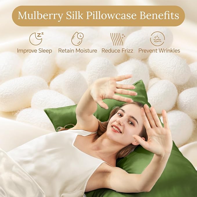 INFIIXSO Mulberry Silk Pillowcase for Hair and Skin, Silk Pillow Cases Queen with Hidden Zipper 20x30 Inches, Extraordinary Smooth and Soft Cooling Pillow Cases for Hot Sleepers(Cedar Green, 1 Pack)