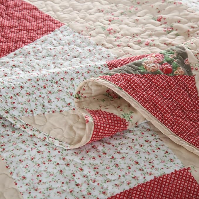 ENASAL Cotton Bedspread Quilt Bedding Sets Reversible Coverlet Sets Comforters Rose Floral Purple White Patchwork Pattern Bedspread for All Season, Queen Size