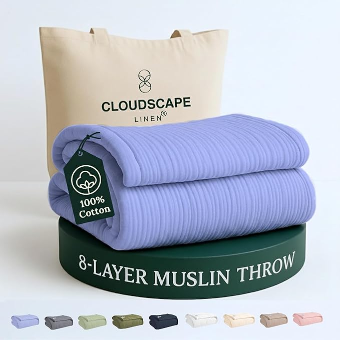 Cloud Scape Linen Extra Large 8 Layer Muslin Throw Blanket - 100% Cotton Gauze, Soft and Breathable, Winter Blanket for Couch, Sofa and Bed, Idea, 50x70, Lavender Blue