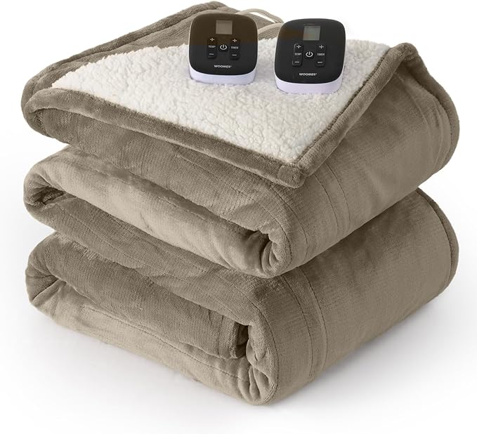 WOOMER Heated Blanket King Size,Durable Flannel and Soft Sherpa,Dual Control,84” × 90” Electric Blanket, 10 Heat Levels&0.5-12h auto-Off, Overheat Protection,Energy Efficient