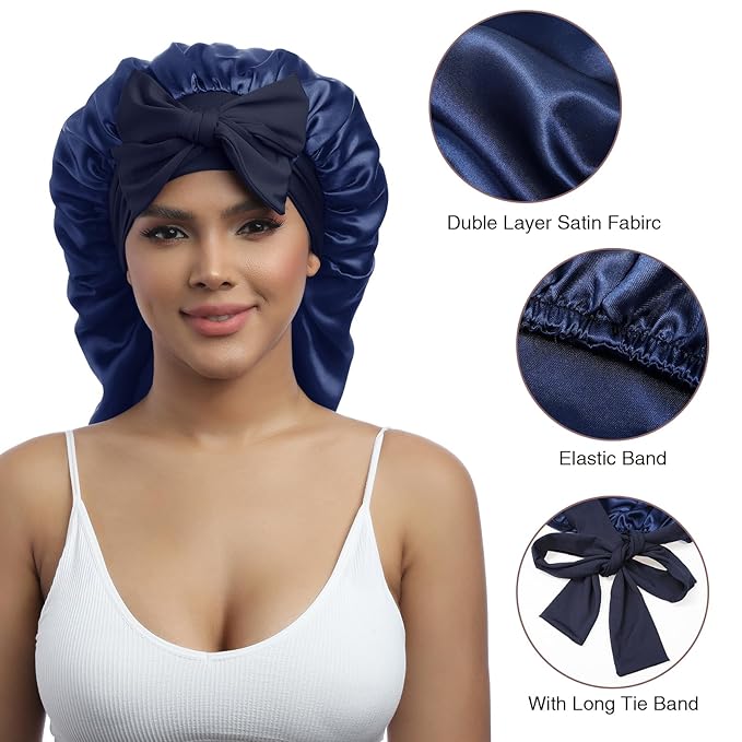 AWAYTR Long Satin Bonnet for Women - Double Layer Elastic Silk Bonnet for Braids Hair Sleeping Cap with Tie Band (Navy Blue)