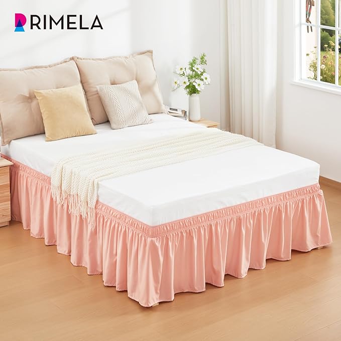 RIMELA Peachy Coral Bed Skirt Queen Size 15 Inch Drop, Wrap Around Elastic Bedskirt, Dust Ruffle for Adjustable Bed Base Machine Washable Easy to Install Bed Skirts
