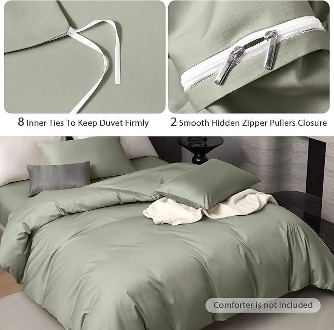 PURE ERA Duvet Cover Set 800 Thread Count Long Staple Cotton Sateen Silky Soft Luxurious Smooth 3 Piece Set Light Olive Green Queen