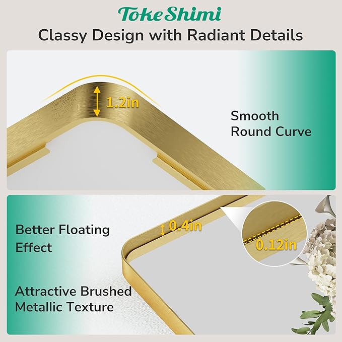 TokeShimi 72x36 Brushed Gold Bathroom Mirror,Tempered Glass,Bathroom Wall Mirror with Seamless Aluminum Frame,Modern Bathroom Vanity Mirror Shatterproof(Horizontal/Vertical)