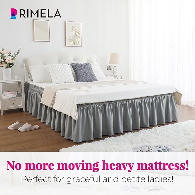 RIMELA Grey Queen Bed Skirt 18 Inch Drop,Elastic Bed Skirts Queen Size Dust Ruffle, Light Gray Bedskirt for Adjustable Bed Base Solid Wrinkle and Fade Resistant Silky Luxurious Fabric Machine Washable