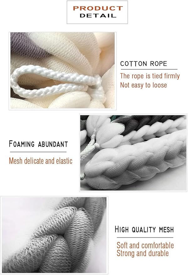 AARAINBOW 2 Packs Upgraded Long Stretch Back Sponge with Rope Handles Back Scrubber Bath Shower Mesh Sponge Exfoliating Body Scrub Stretch Braided Loofah for Men Women Loofah Rope (2 Gray)