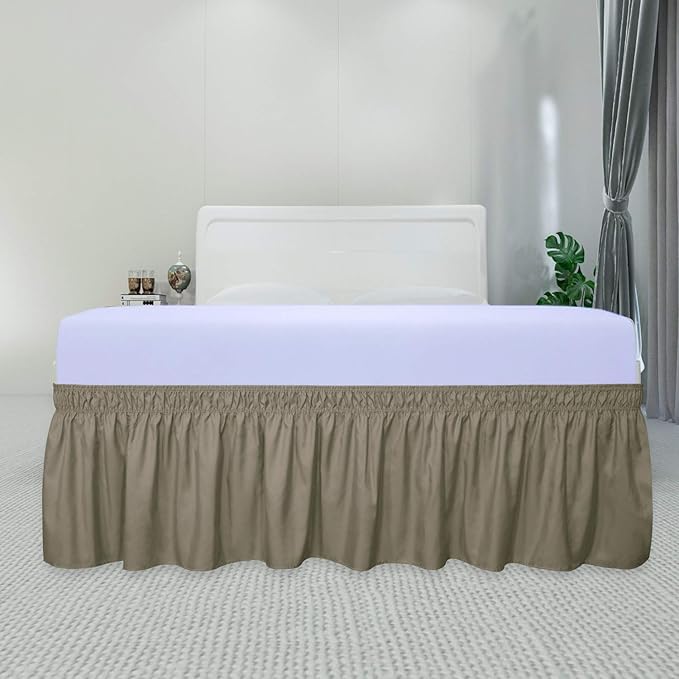PureFit Wrap Around Ruffled Bed Skirt with Adjustable Elastic Belt - 18 Inch Drop Easy to Put On, Wrinkle Free Bedskirt Dust Ruffles, Bed Frame Cover for Queen, King and C-King Size Beds, Sand