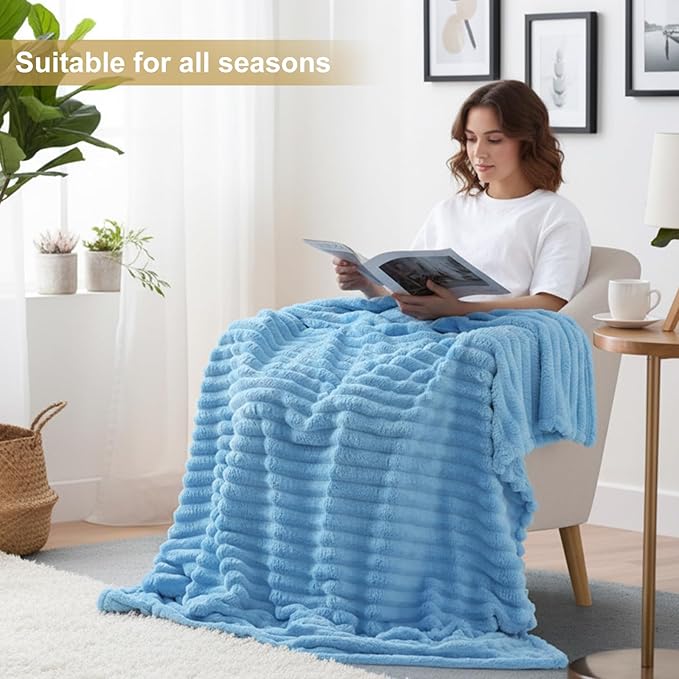 decorUhome Christmas Soft Fleece Blue Twin Blanket for Bed, Cozy Fluffy Plush Flannel Striped Throws for Couch Sofa, Lightweight Decorative Ribbed Fuzzy Blanket for Woman, 60x80 Inches