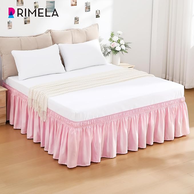 RIMELA Dusty Pink Bed Skirt King Size 18 Inch Drop, Wrap Around Elastic Bedskirt, Dust Ruffle for Adjustable Bed Base Machine Washable Easy to Install Bed Skirts