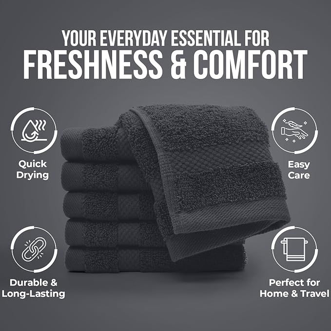DAN RIVER 12-Pack Premium 100% Cotton Dark Gray Face Towels – Reusable Face Towel Set, Soft & Absorbent Small Wash Cloths for Bathroom & Body – Hand and Face Towels, 550 GSM (12x12 in)